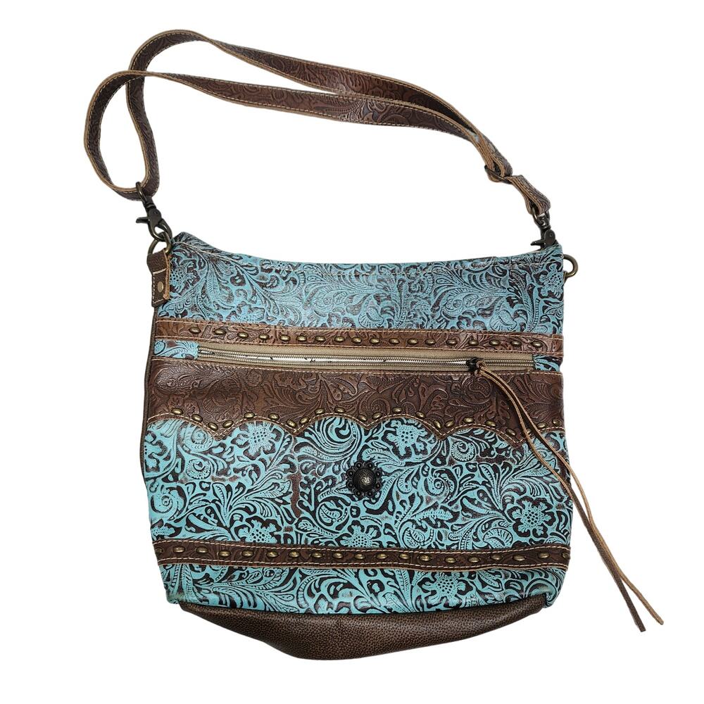 Myra Bag Turquoise and Brown Embossed Floral Shoulder Bag